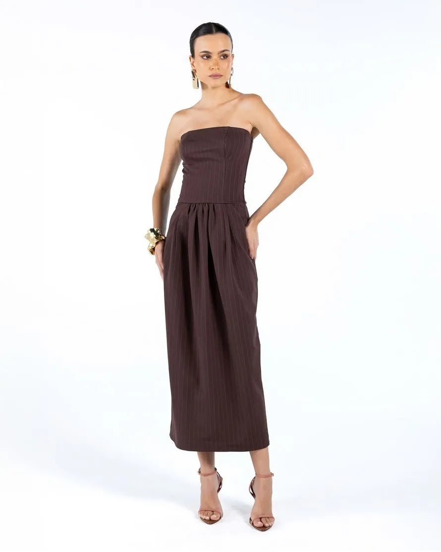 ANF Brown Chalk Line Midi Strapless Dress