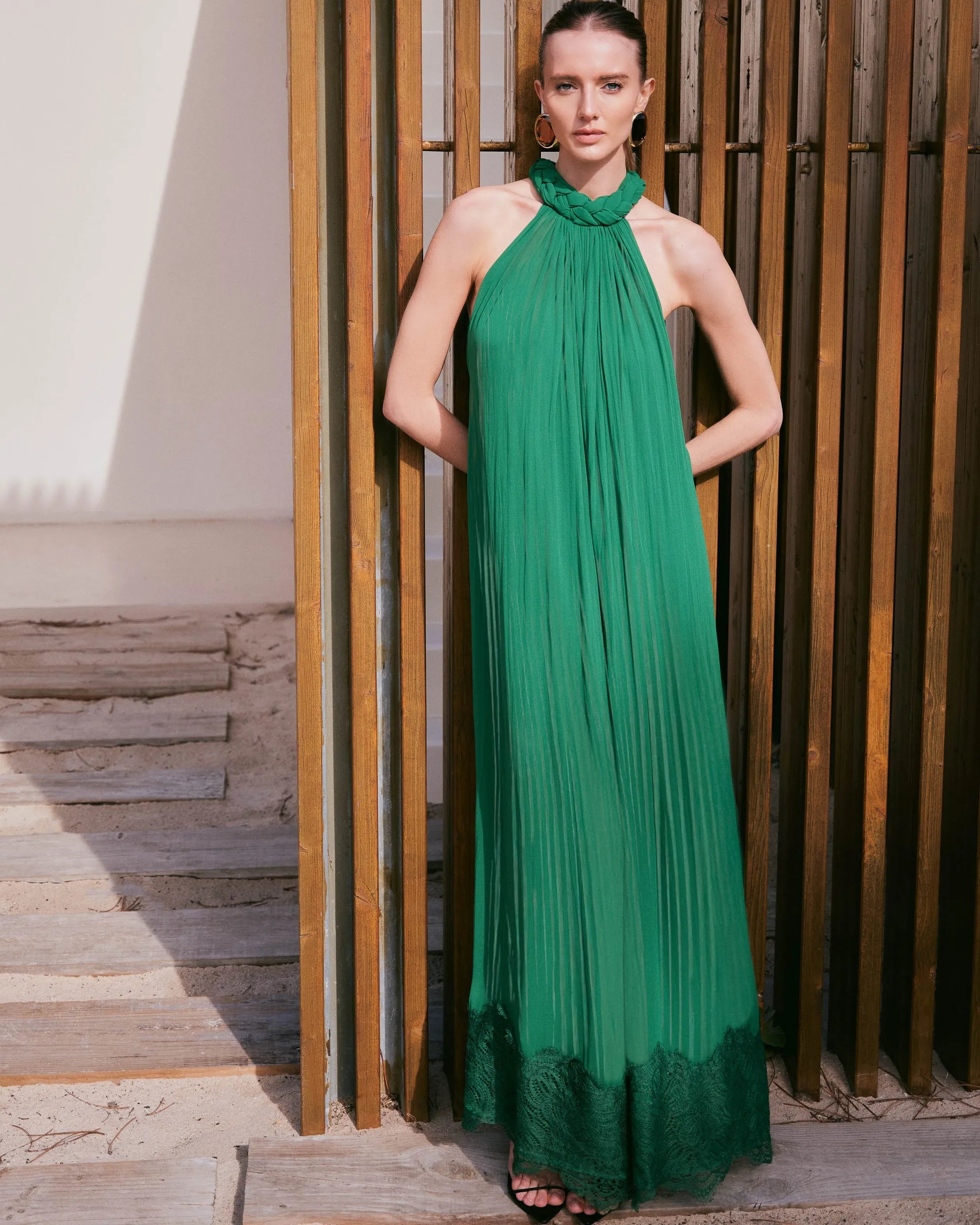 ANF Long green dress with lace trim.