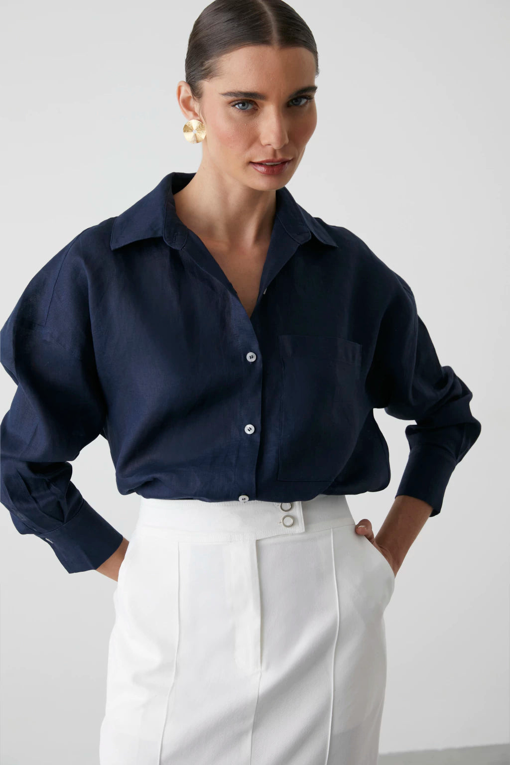 CLM Chloe Linen Shirt Navy Blue