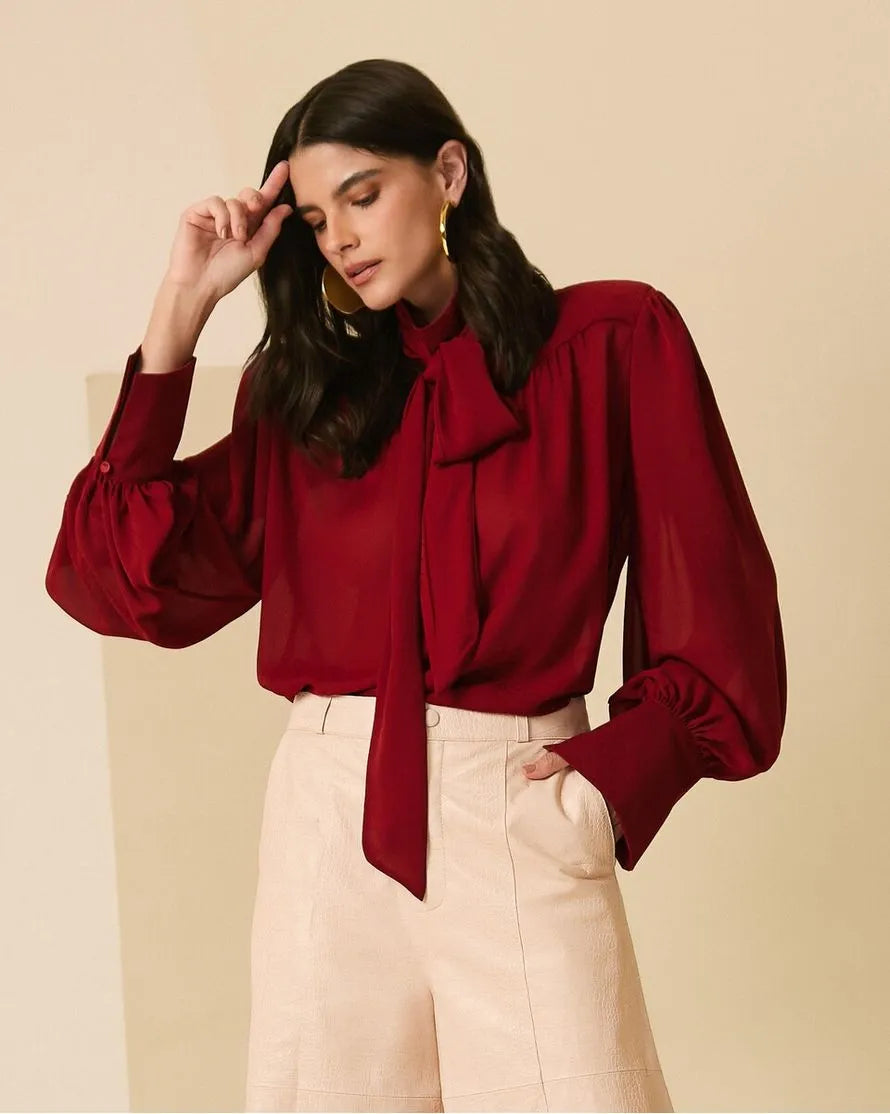 ANF Printed Chiffon Ruby Red Blouse