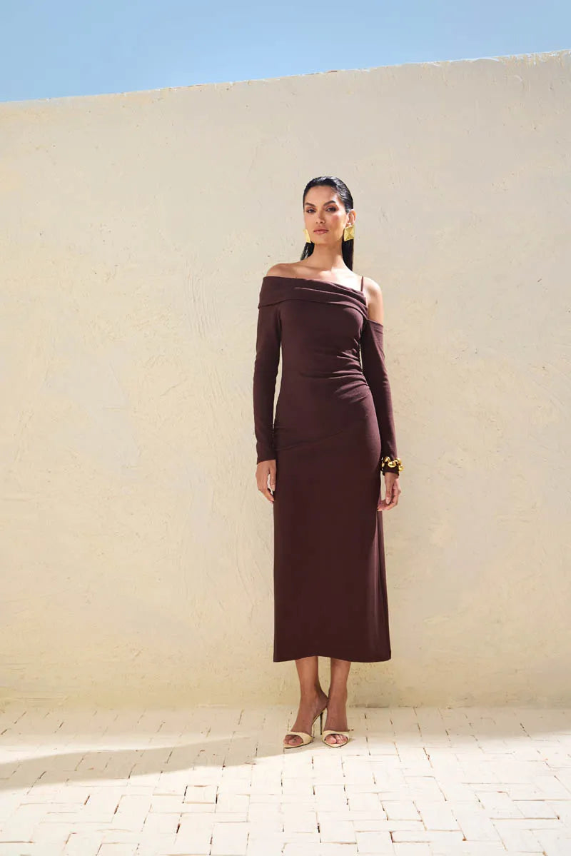 SKU Shoulder Brown Glam Dress