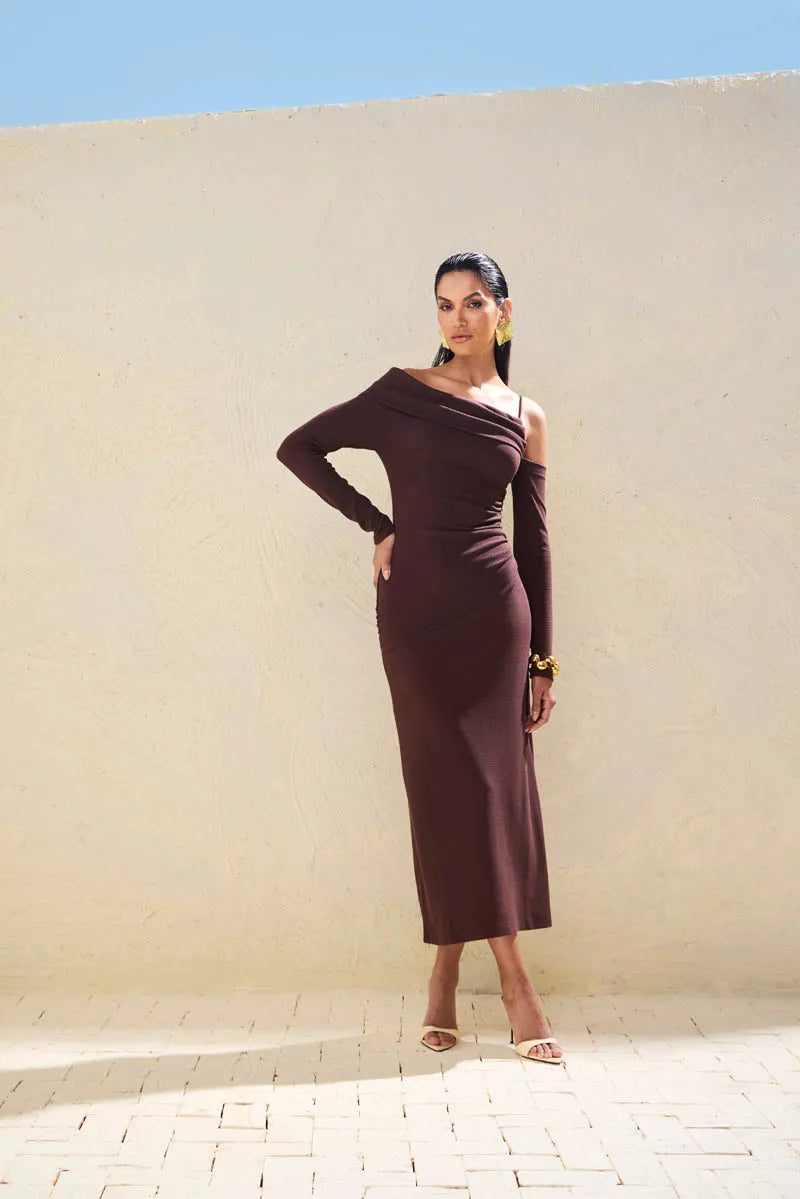 SKU Shoulder Brown Glam Dress