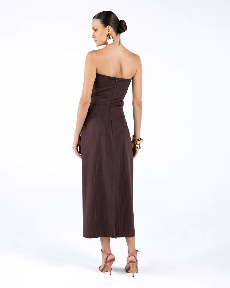ANF Brown Chalk Line Midi Strapless Dress