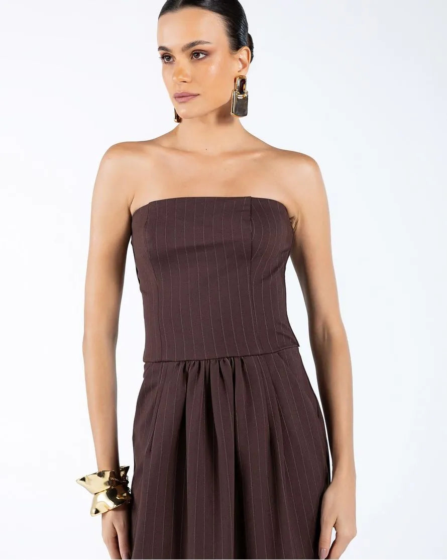 ANF Brown Chalk Line Midi Strapless Dress