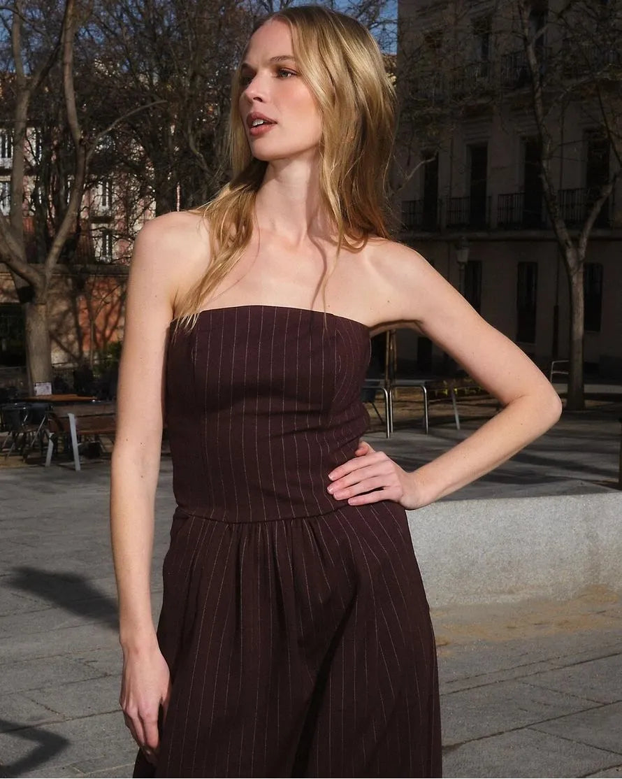 ANF Brown Chalk Line Midi Strapless Dress