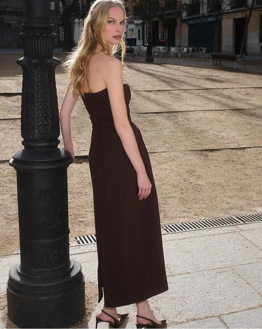 ANF Brown Chalk Line Midi Strapless Dress