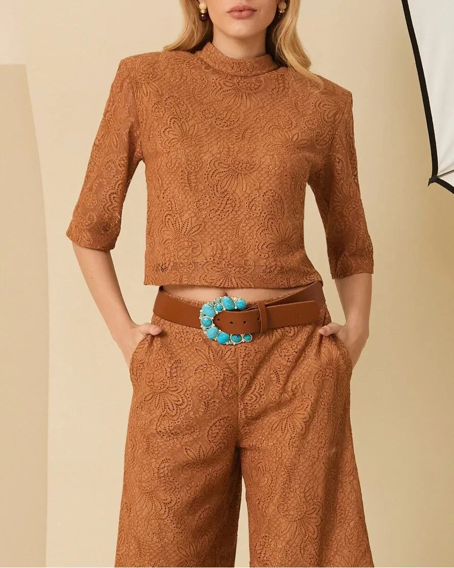 ANF Camel Belt with Turquoise Rhinestone