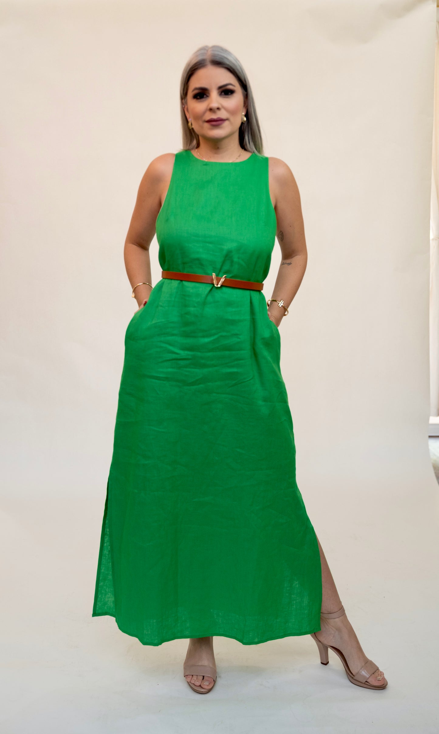 MRN Green Linen Midi Dress